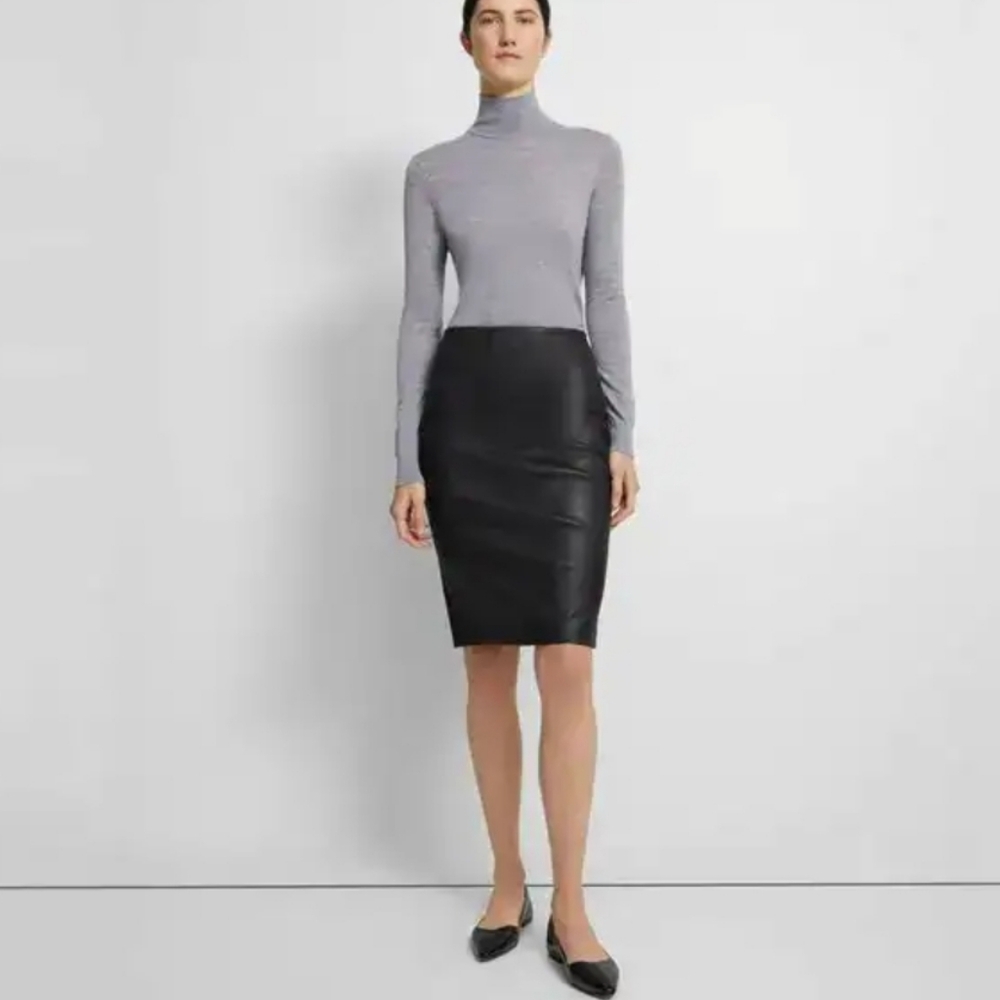 Theory Black Leather Pencil Skirt